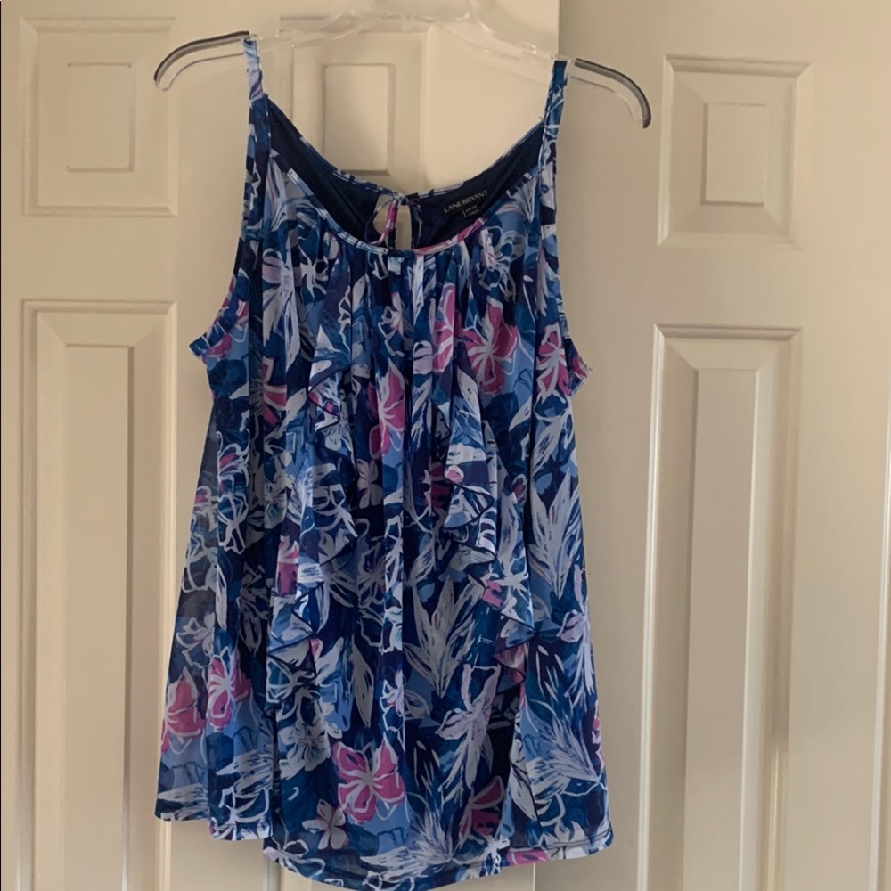 Lane Bryant Blue, Pink and White Ruffle Strappy Tank